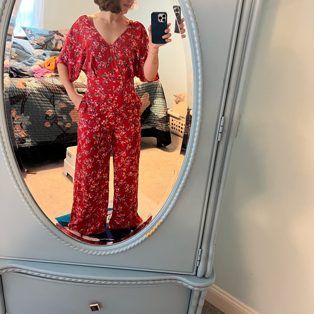 Francesca's Floral Red Jumpsuit S